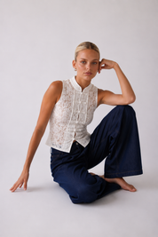Margaux | Lace Sleeveless Mandarin Collar Top