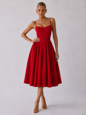 Houx Structured Bustier A-Line Midi Dress - Red