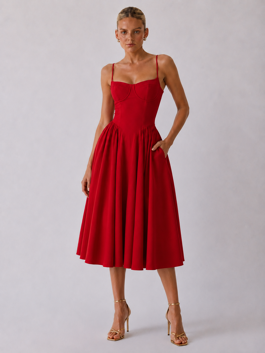 Houx Structured Bustier A-Line Midi Dress - Red