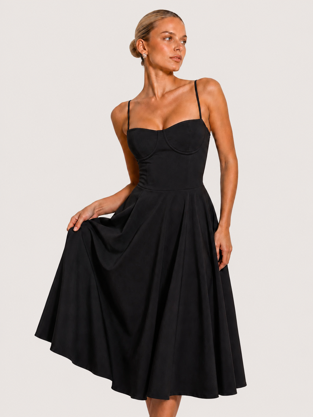 Houx Structured Bustier A-Line Midi Dress - Black