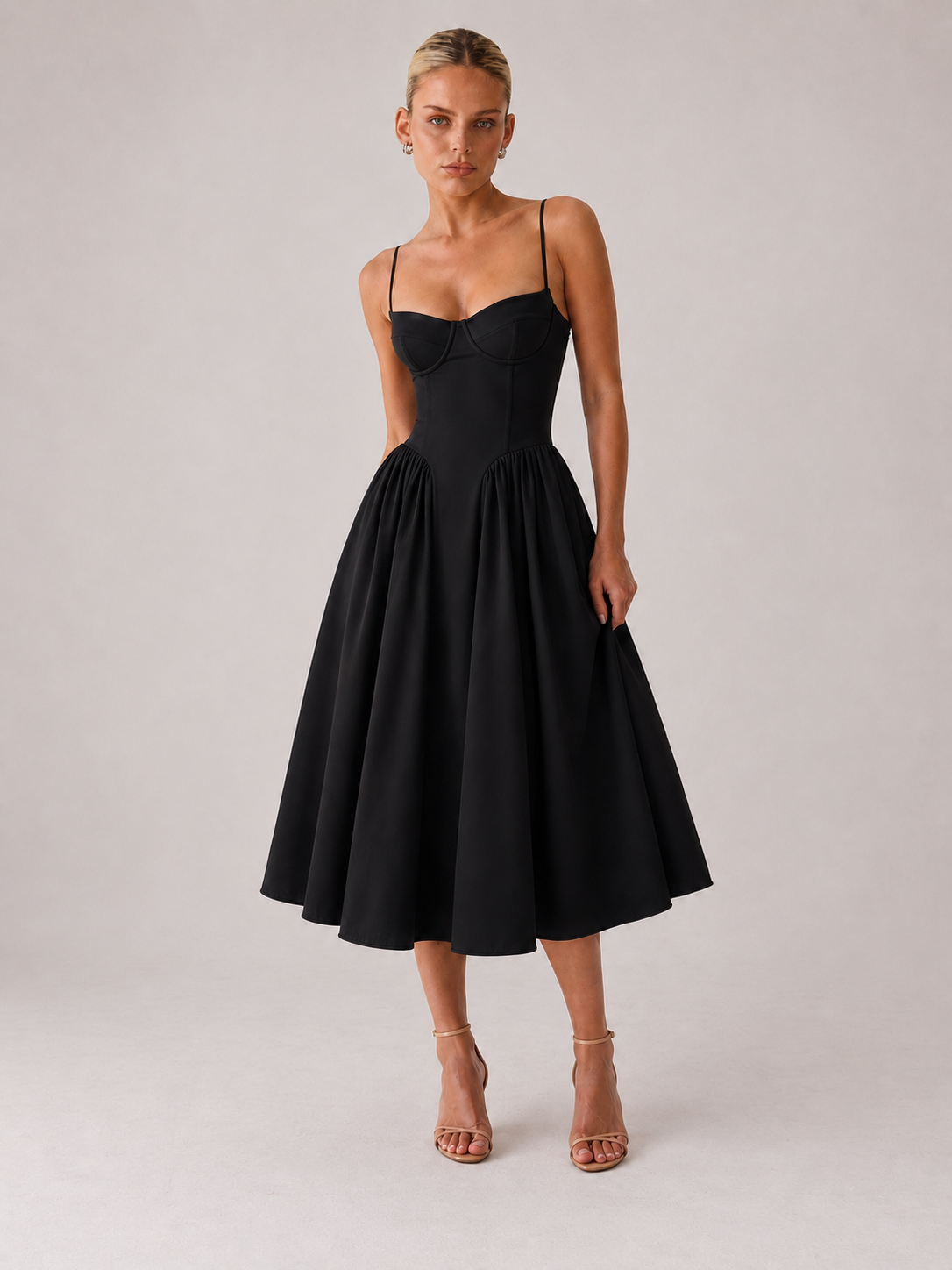 Houx Structured Bustier A-Line Midi Dress - Black