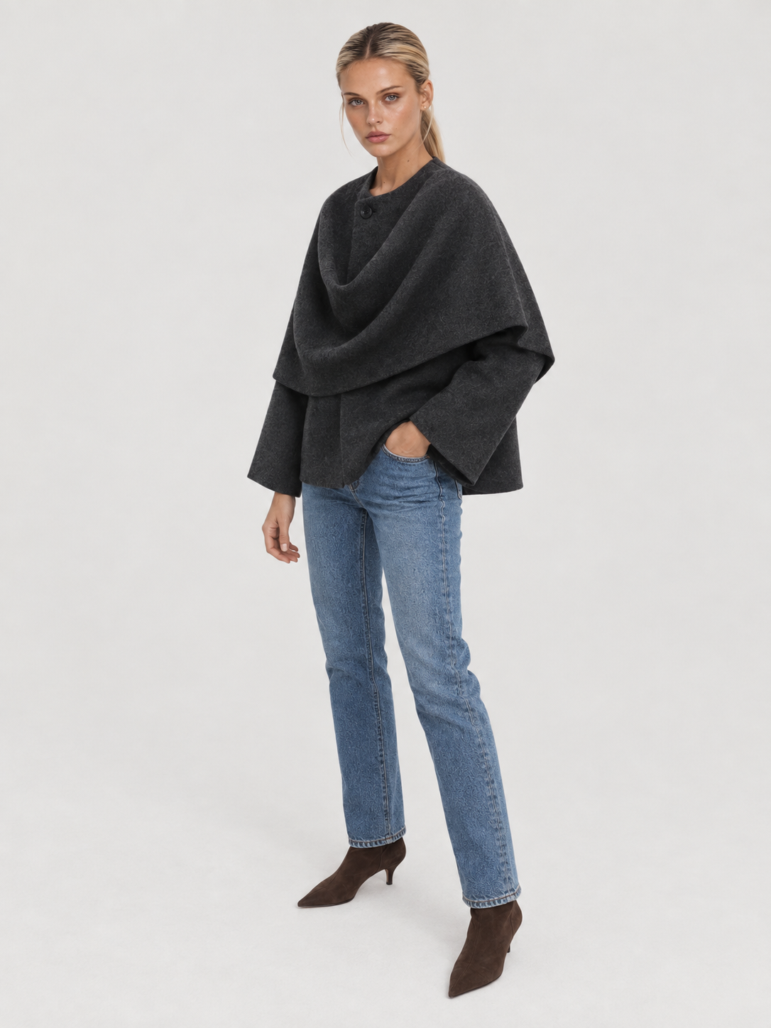 Iris Cape-Mantel mit Wasserfallausschnitt für Damen - Dunkelgrau