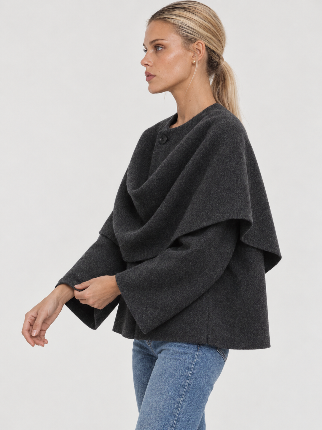 Iris Cape-Mantel mit Wasserfallausschnitt für Damen - Dunkelgrau