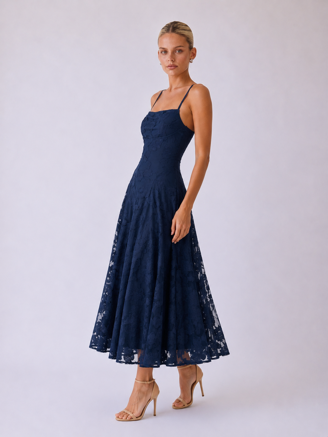 Louise | Lace Midi A-Line Dress with Lace-Up Back