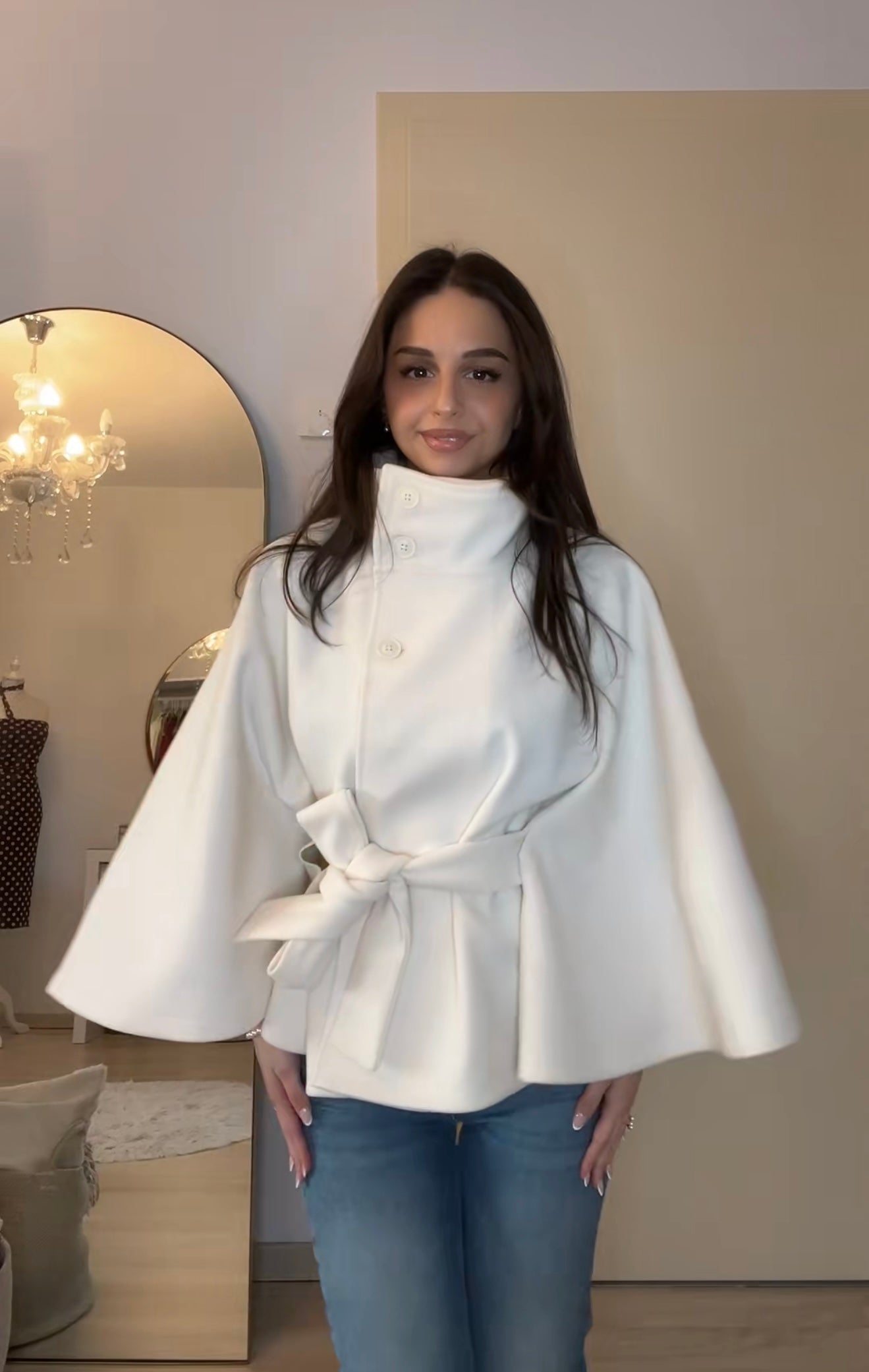 Chloe | High-Neck Belted Cape Jacket