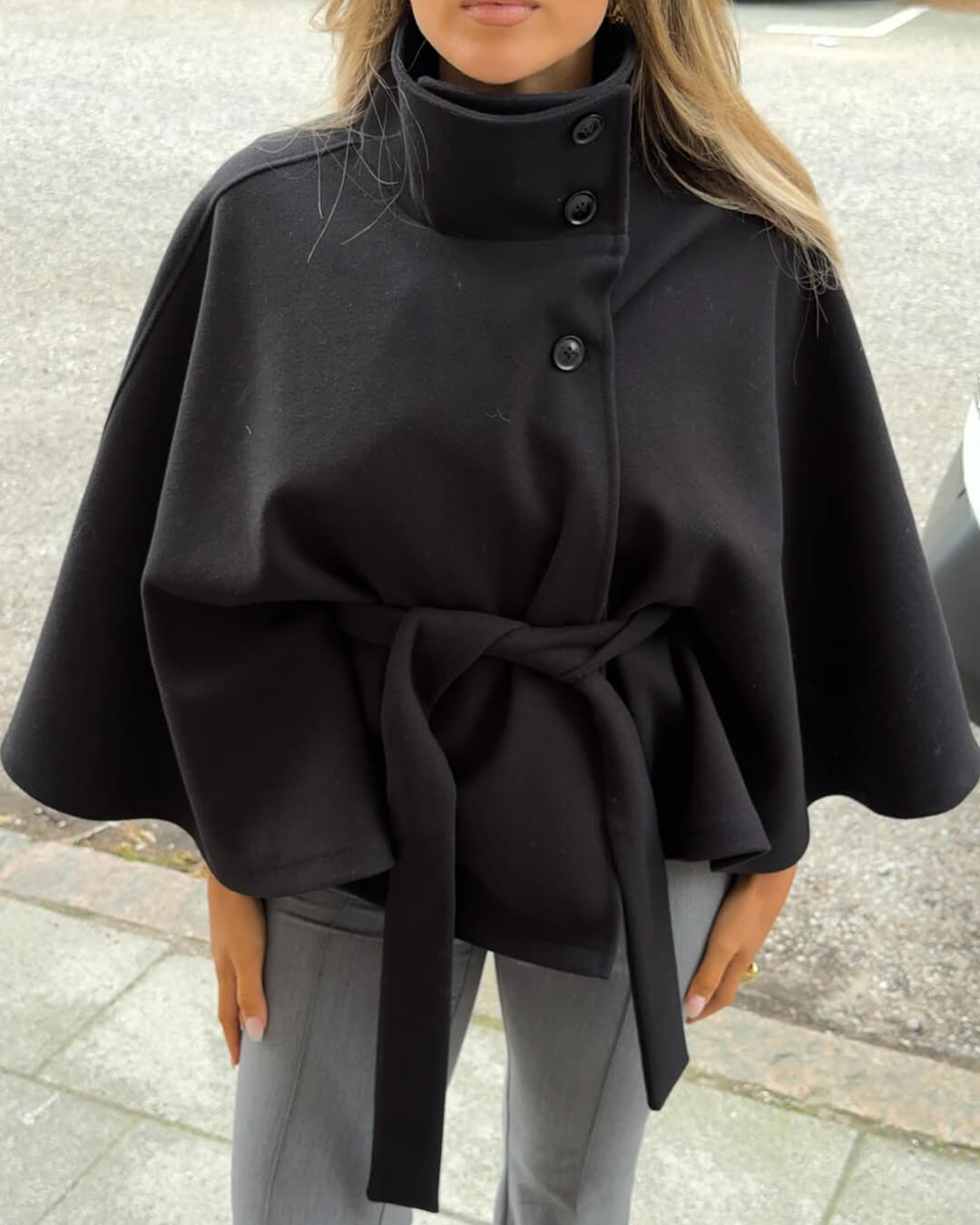 Chloe | High-Neck Belted Cape Jacket