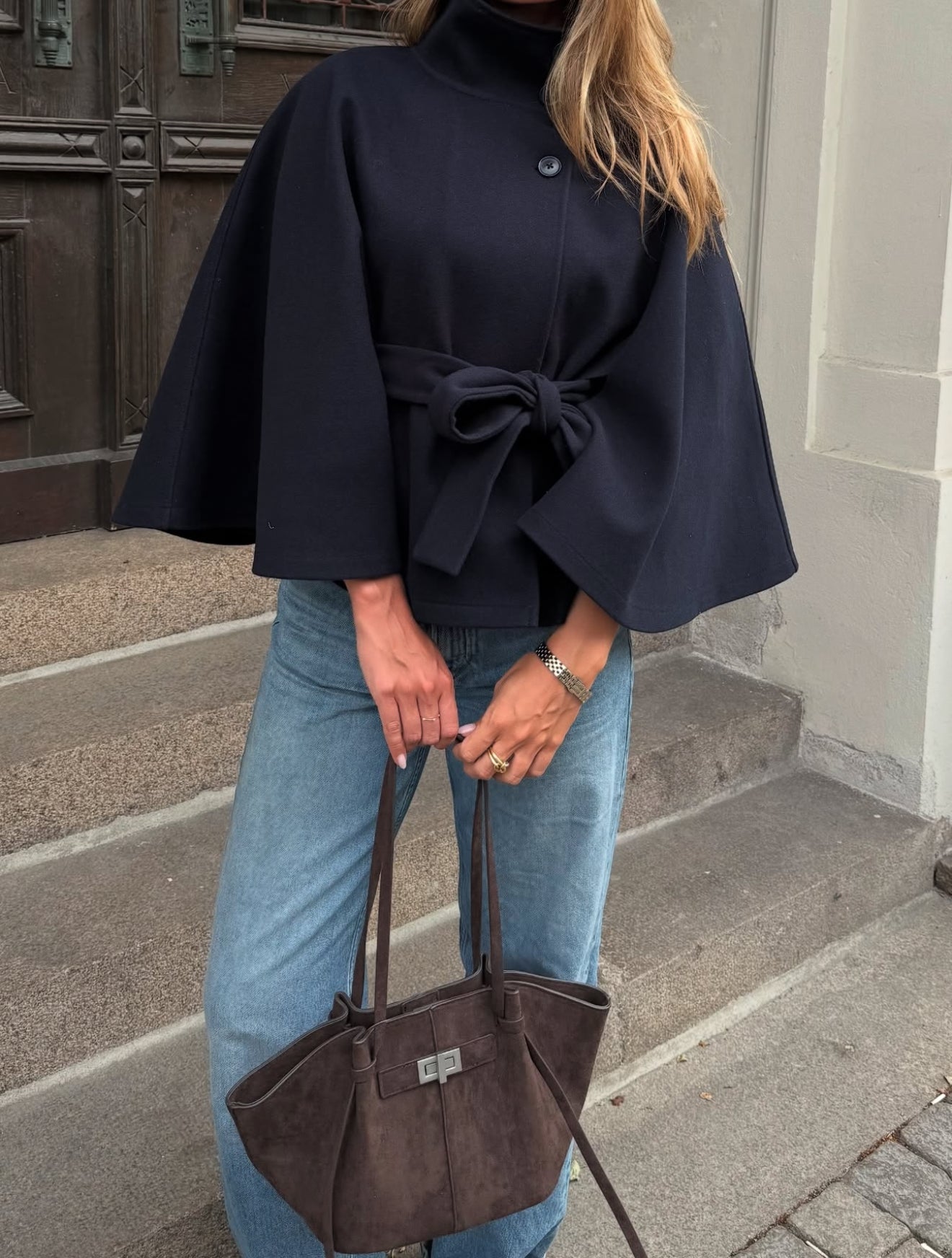 Chloe | High-Neck Belted Cape Jacket
