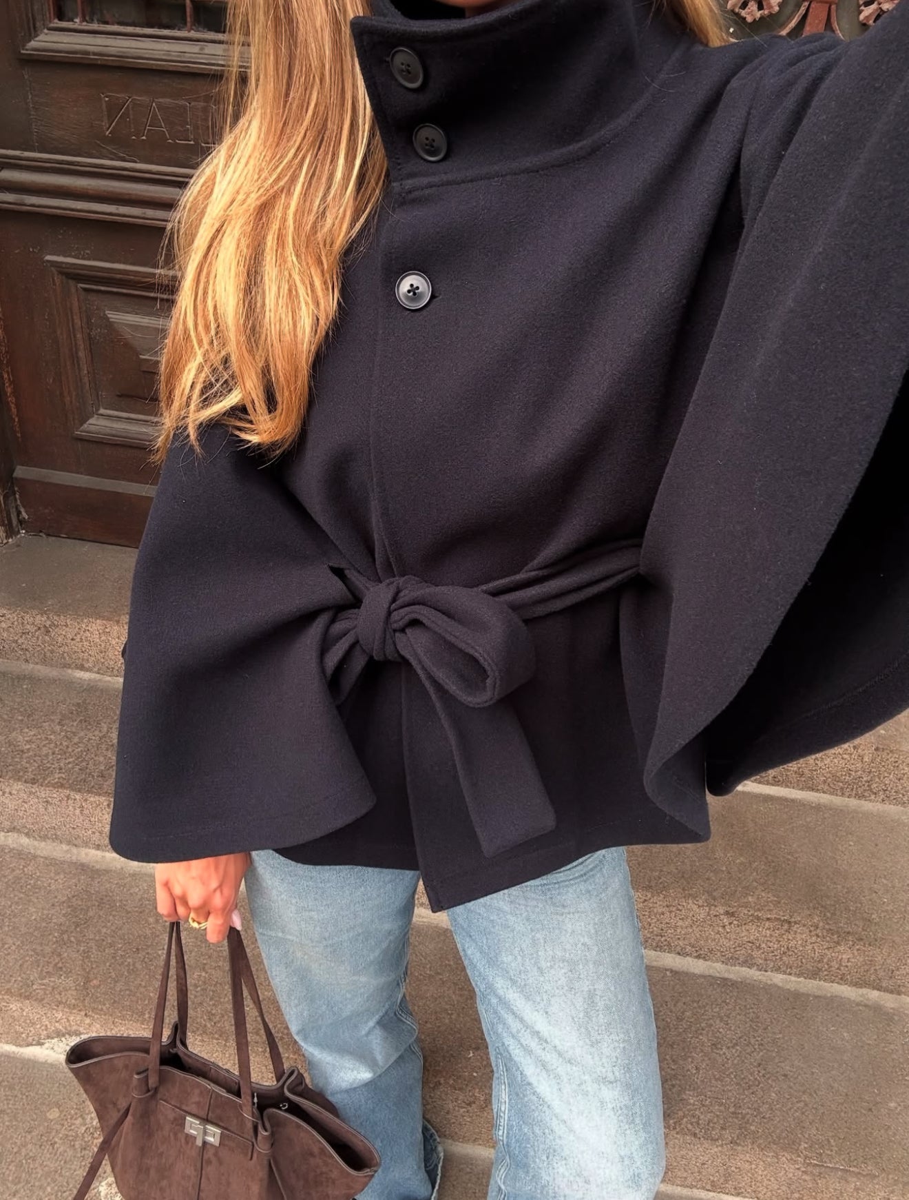 Chloe | High-Neck Belted Cape Jacket