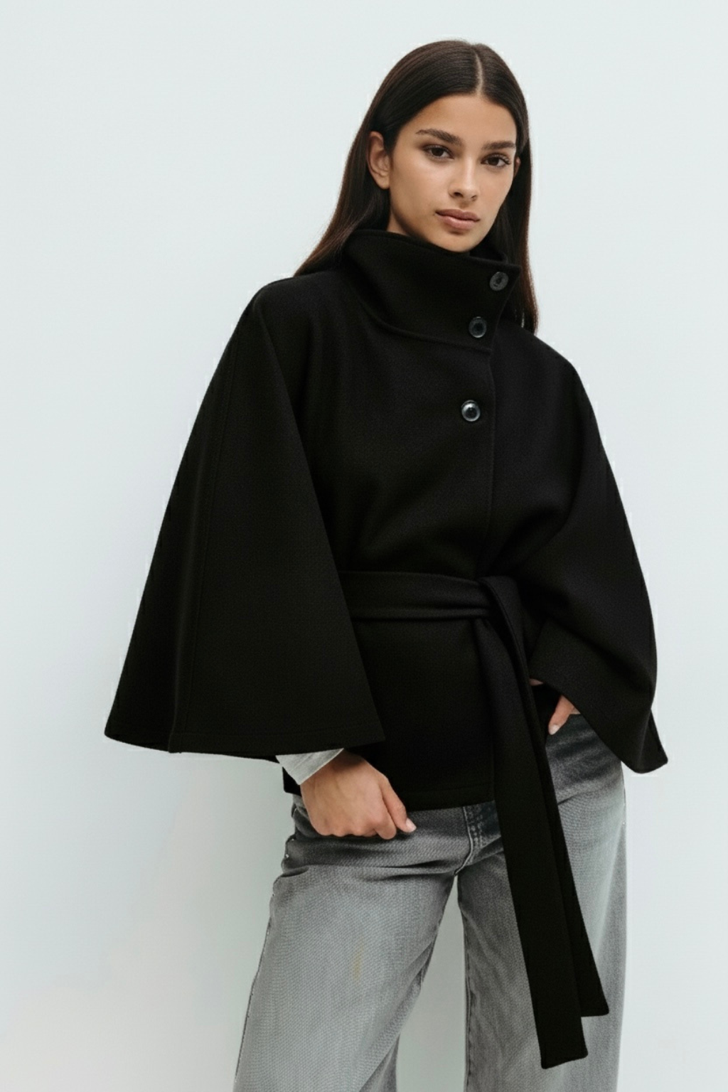 Chloe | High-Neck Belted Cape Jacket