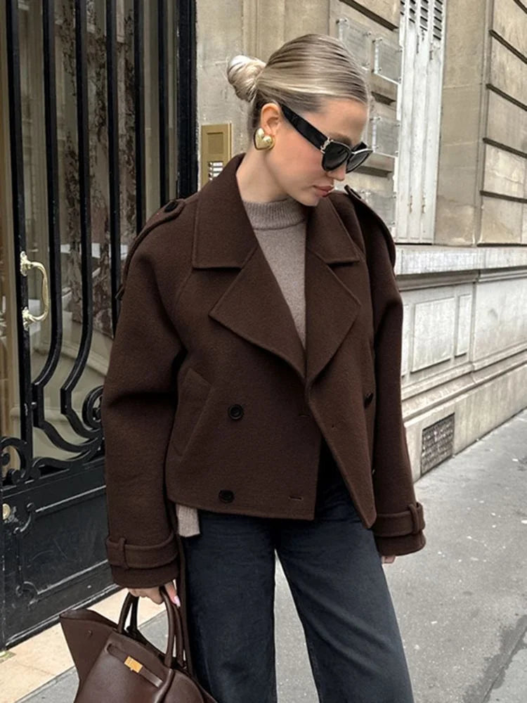 Camille | Brown Wool Blend Cropped Trench Jacket