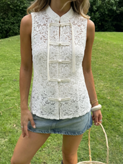 Margaux | Lace Sleeveless Mandarin Collar Top