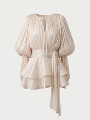 Elodie | Pleated Tie-Neck Puff Sleeve Mini Dress