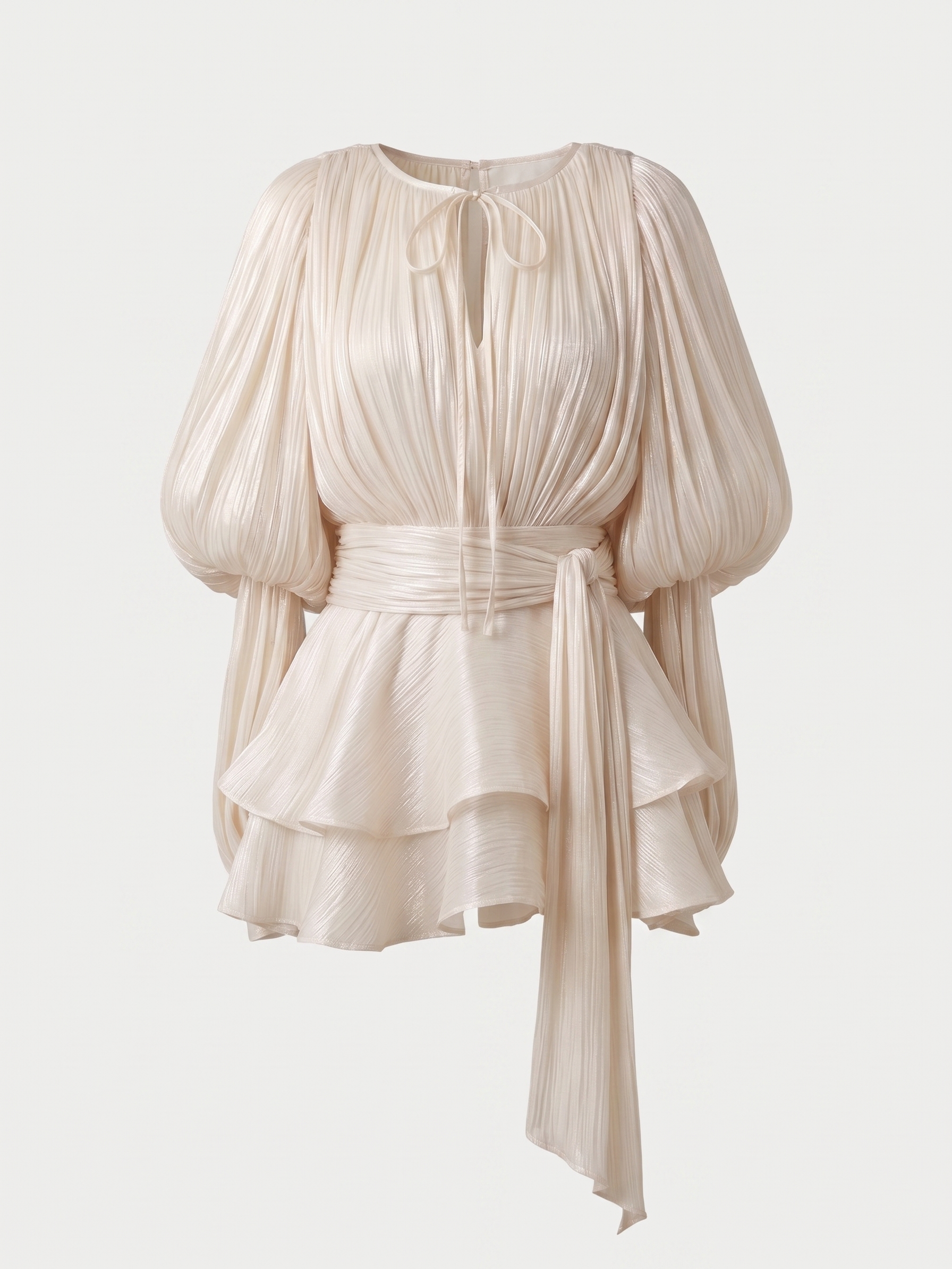 Elodie | Pleated Tie-Neck Puff Sleeve Mini Dress