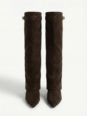 Damen kniehohe Wildlederstiefel mit schlankem geradem Schaft und spitzer Spitze