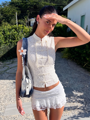 Margaux | Lace Sleeveless Mandarin Collar Top
