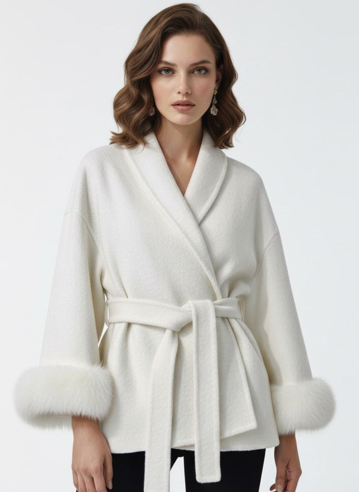 Celine | Belted Coat with Faux Fur Cuffs
