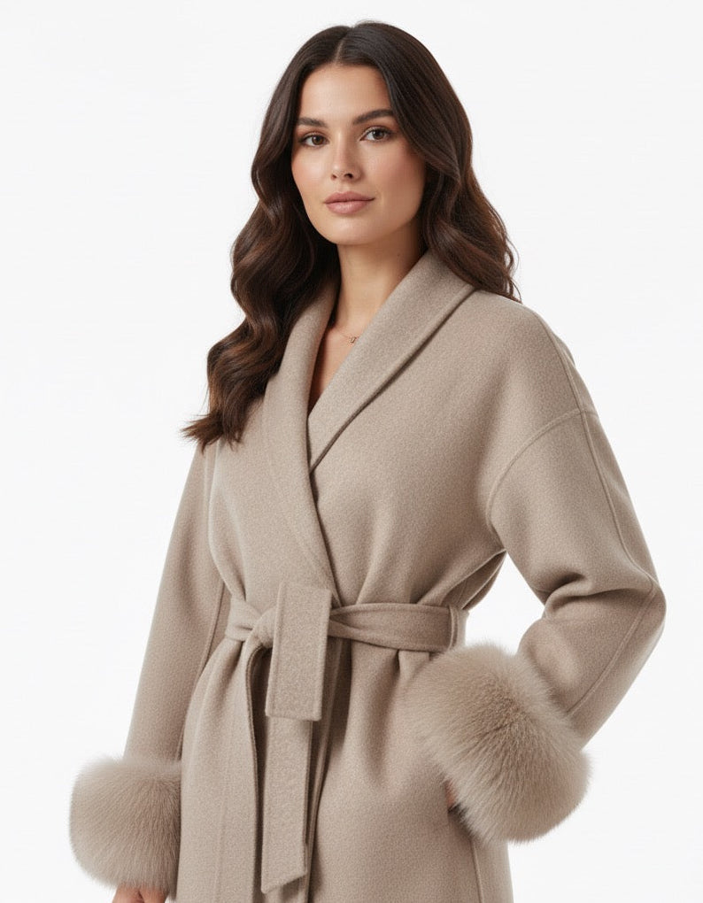 Celine | Belted Coat with Faux Fur Cuffs