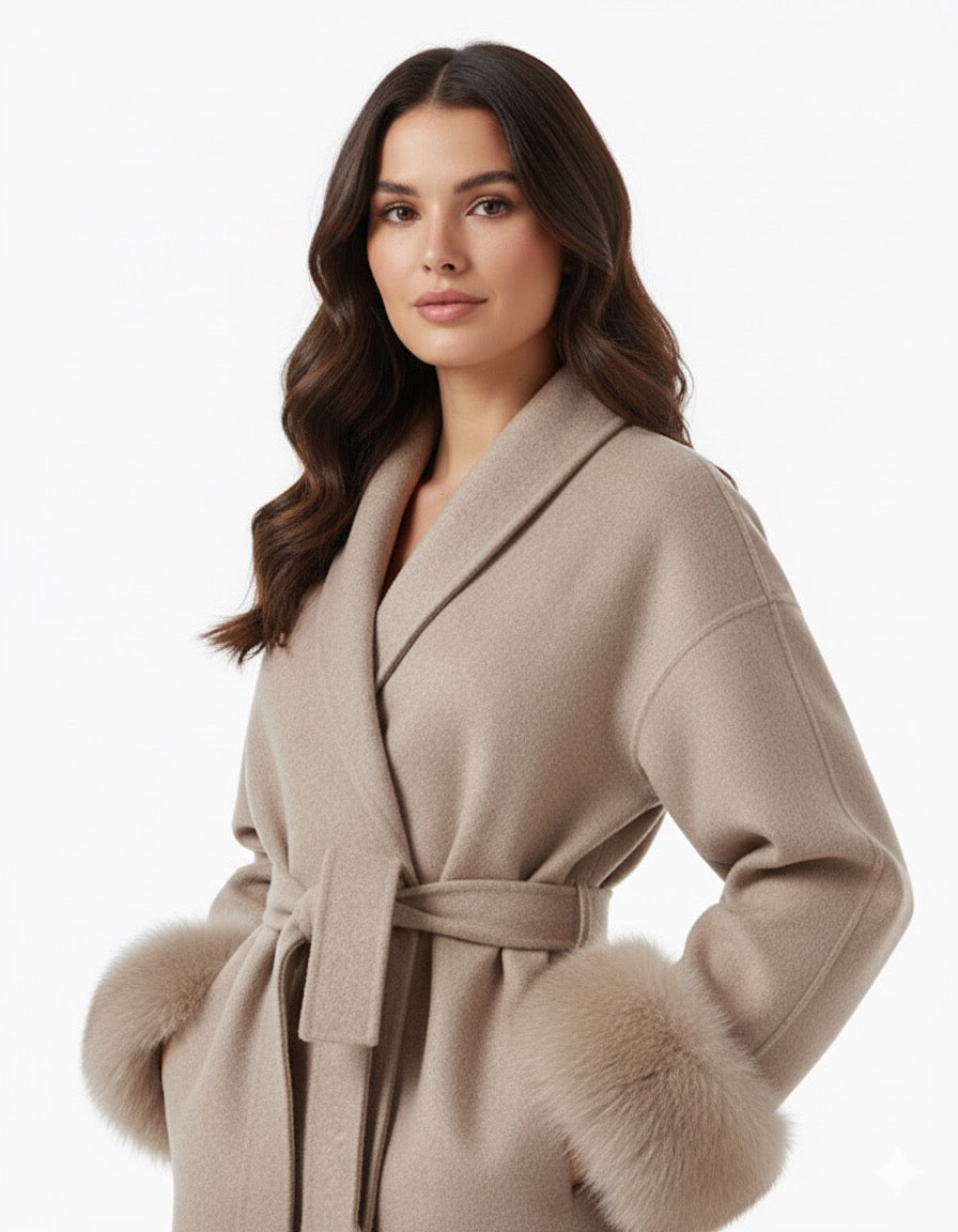 Celine | Belted Coat with Faux Fur Cuffs