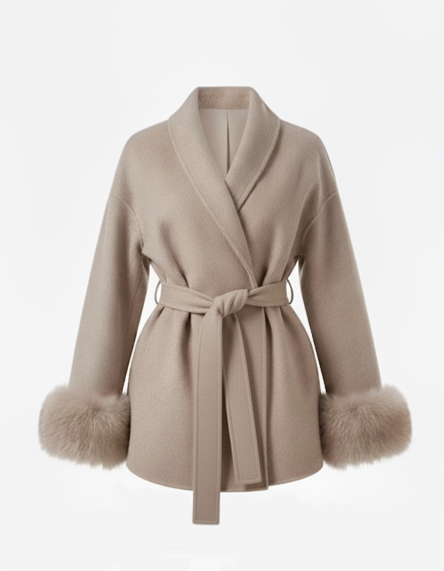 Celine | Belted Coat with Faux Fur Cuffs