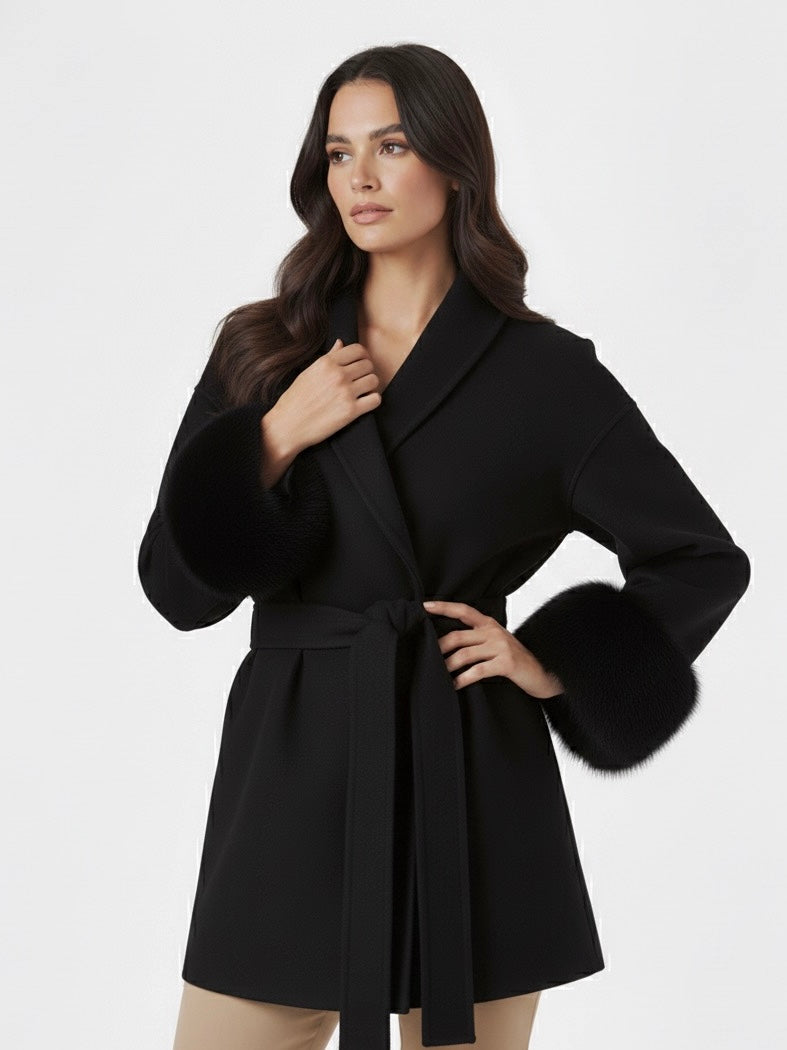 Celine | Belted Coat with Faux Fur Cuffs