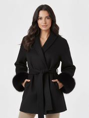 Celine | Belted Coat with Faux Fur Cuffs