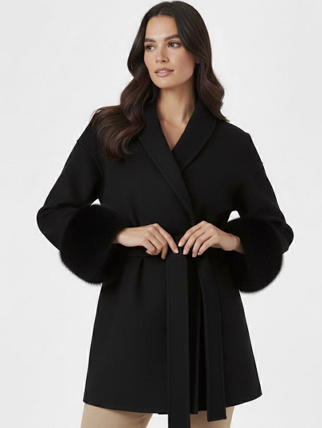 Celine | Belted Coat with Faux Fur Cuffs