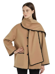 Nellie | Black Wool Cape Coat with Contrast Trim