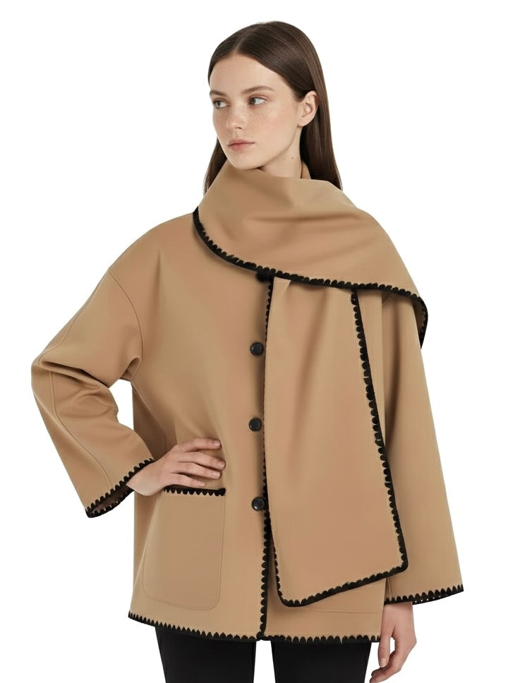 Nellie | Black Wool Cape Coat with Contrast Trim