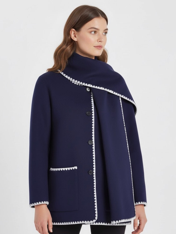 Nellie | Black Wool Cape Coat with Contrast Trim