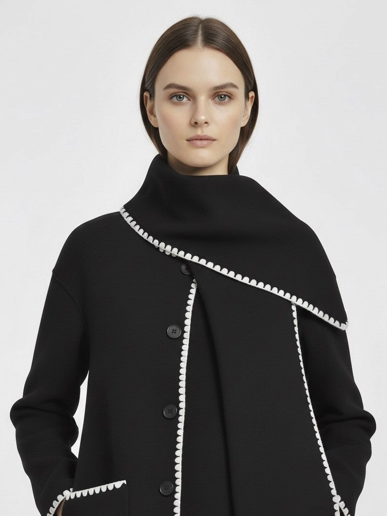 Nellie | Black Wool Cape Coat with Contrast Trim
