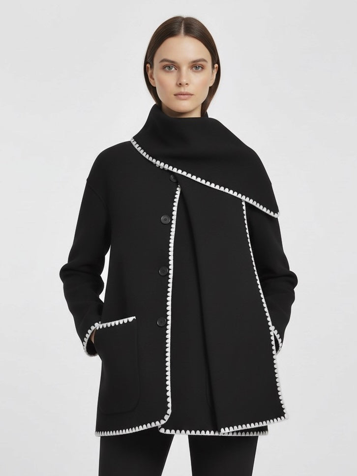 Nellie | Black Wool Cape Coat with Contrast Trim