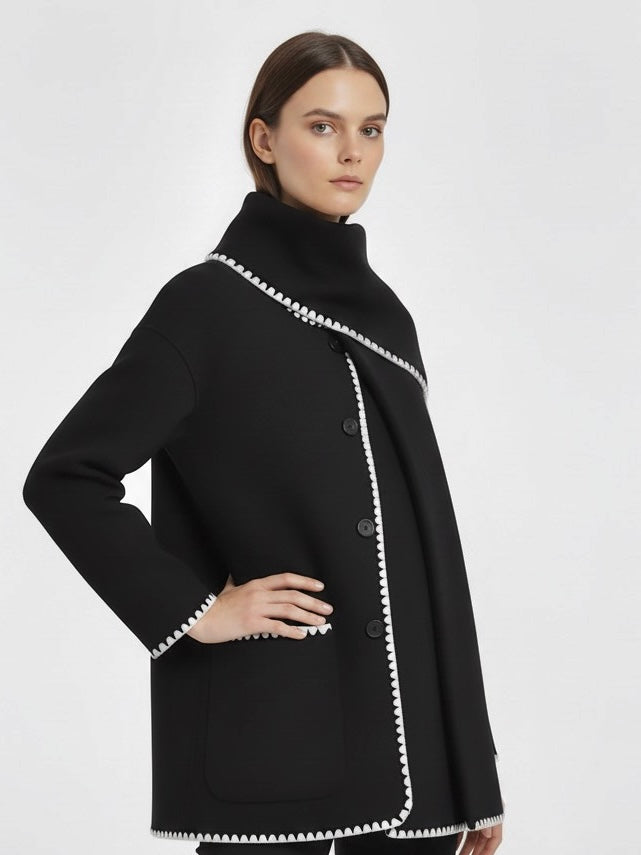 Nellie | Black Wool Cape Coat with Contrast Trim