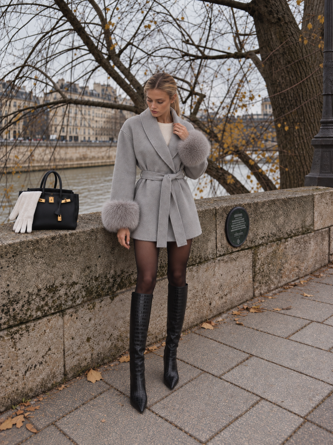 Celine Cappotto con cintura e polsini in ecopelliccia - Grigio