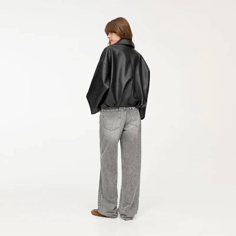 Mary | Women's Black Faux Leather Oversized Shirt Jacket