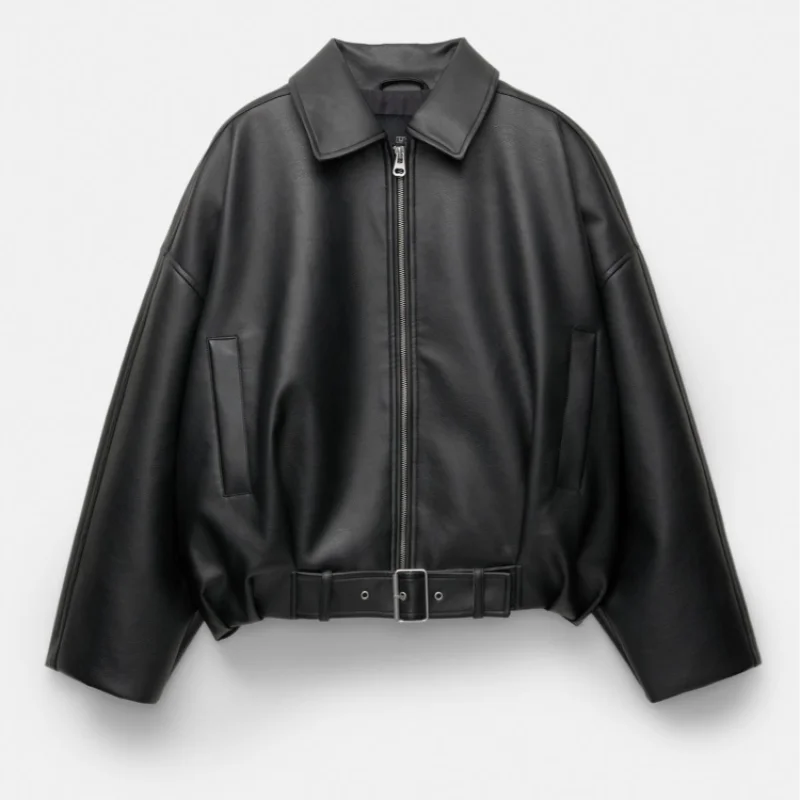 Mary | Women's Black Faux Leather Oversized Shirt Jacket