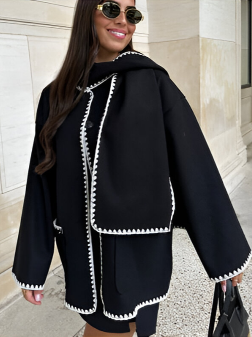 Nellie | Black Wool Cape Coat with Contrast Trim