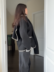 Nellie | Black Wool Cape Coat with Contrast Trim