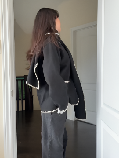 Nellie | Black Wool Cape Coat with Contrast Trim
