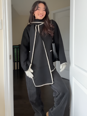 Nellie | Black Wool Cape Coat with Contrast Trim