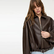 Mary | Women's Black Faux Leather Oversized Shirt Jacket