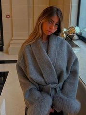 Celine | Belted Coat with Faux Fur Cuffs