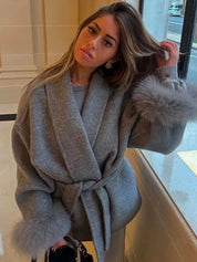 Celine | Belted Coat with Faux Fur Cuffs