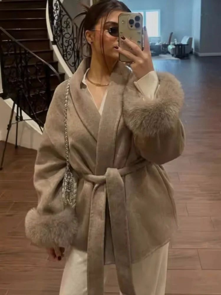 Celine | Belted Coat with Faux Fur Cuffs