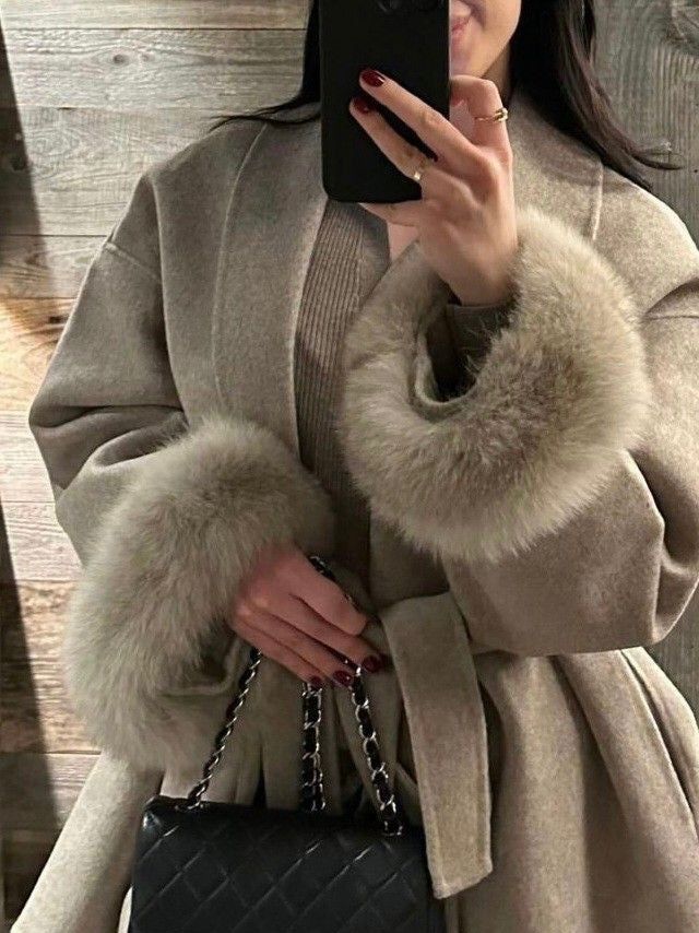 Celine | Belted Coat with Faux Fur Cuffs