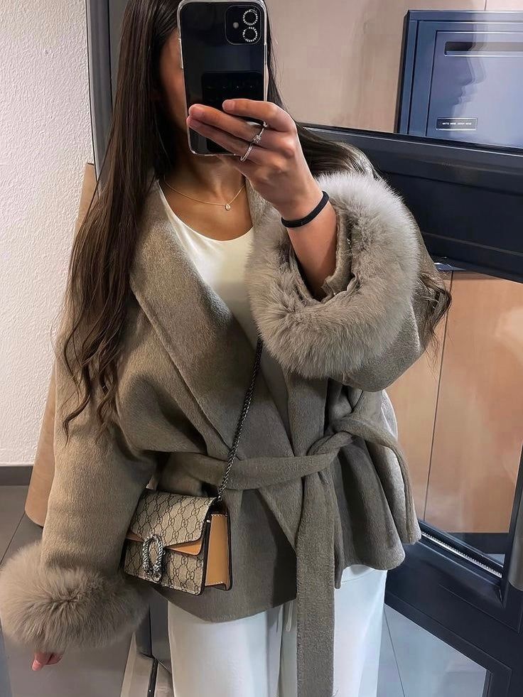 Celine | Belted Coat with Faux Fur Cuffs