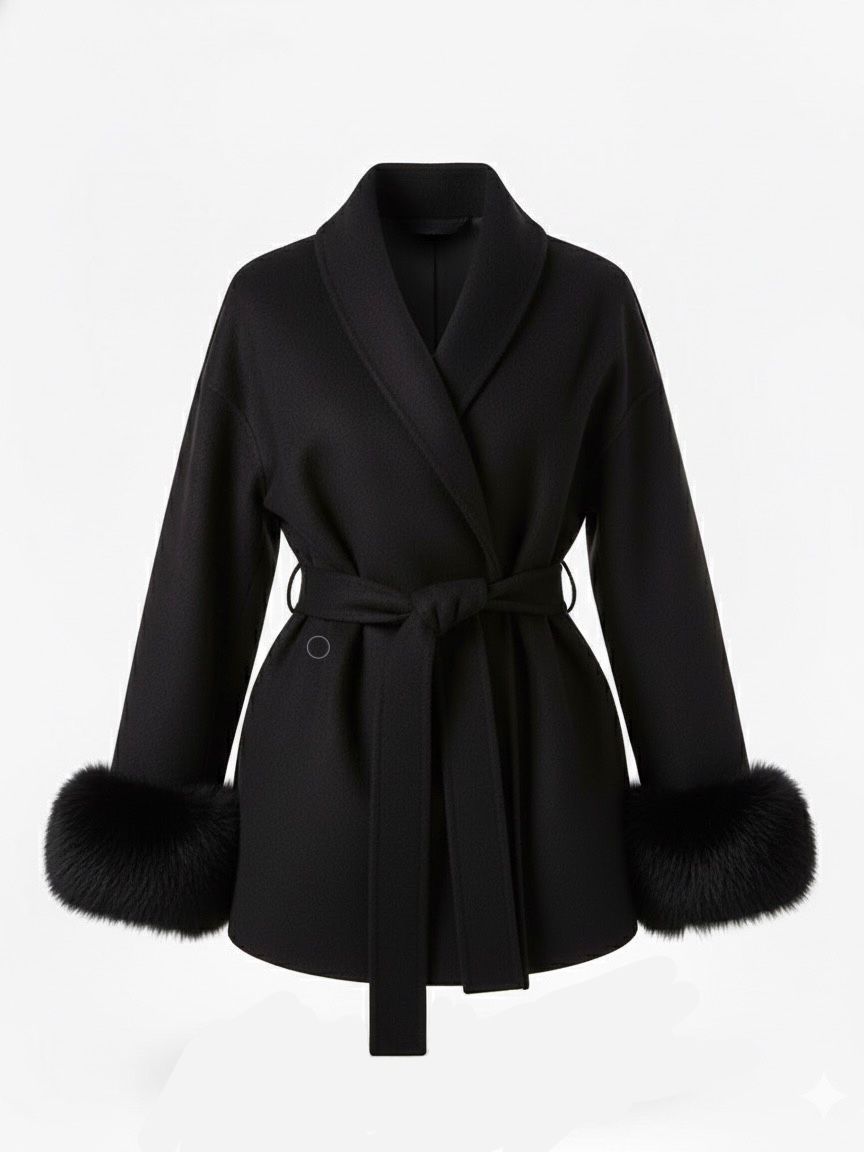Celine | Belted Coat with Faux Fur Cuffs