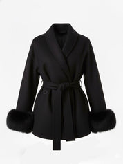 Celine | Belted Coat with Faux Fur Cuffs