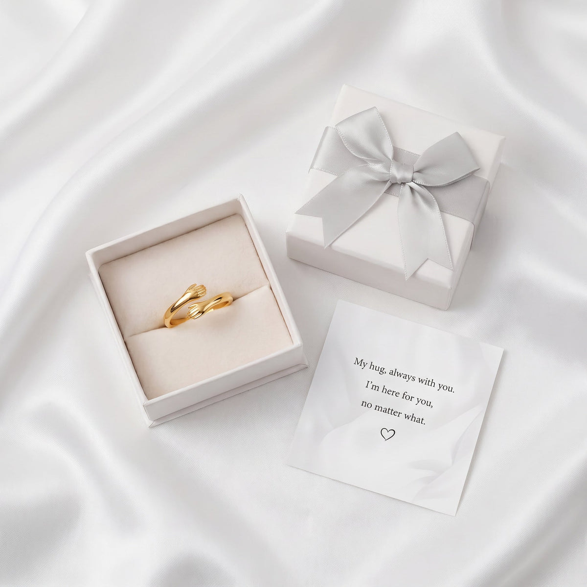 Hug Ring in its gift box with message card