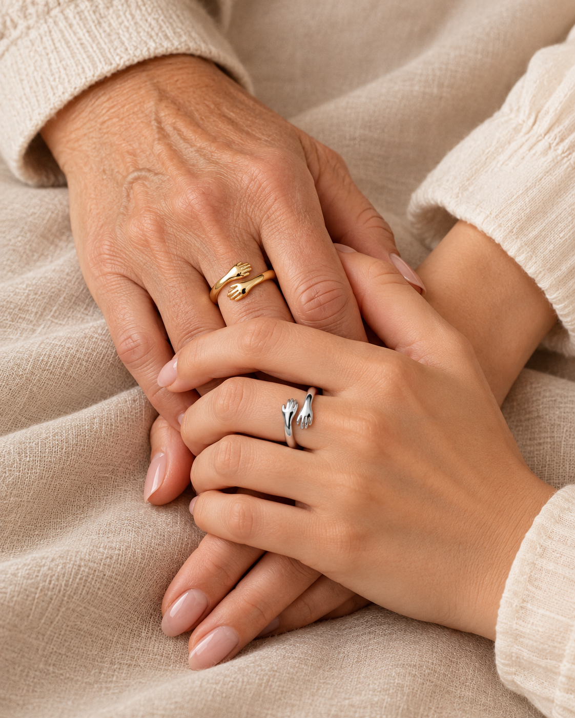 Gold and Silver Hug rings on two adult hands — HORUS editorial campaign photograph