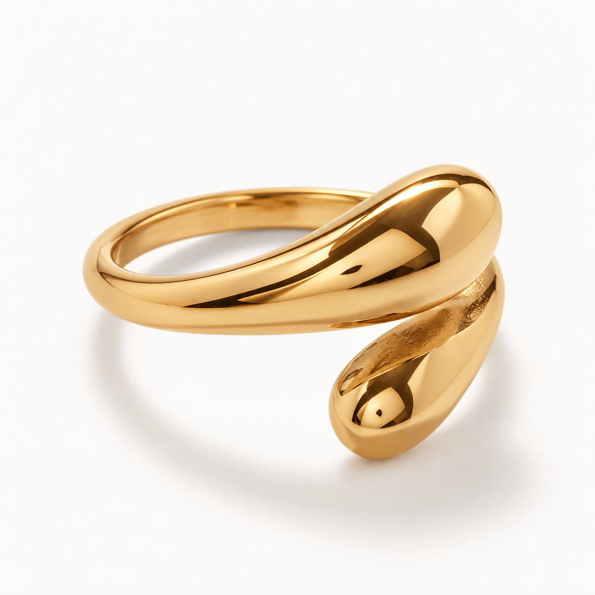 HORUS editorial — Gold Drop Adjustable Ring, open organic double-drop design, studio view
